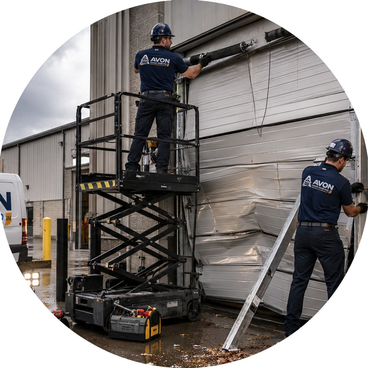 Garage Door Pro technicians repairing storm-damaged commercial loading-bay panels, tracks and high-cycle springs